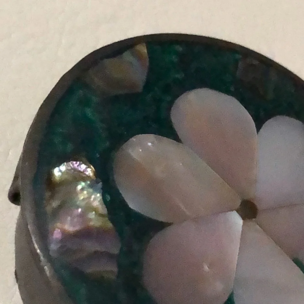 Handmade Vintage Mini Metal Tin-Abalone Inlay Cover Detail